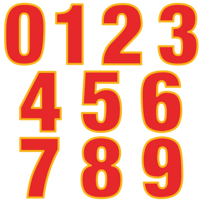 Nažehlovací čísla potisk DTF - SADA - barva červená se žlutým lemováním